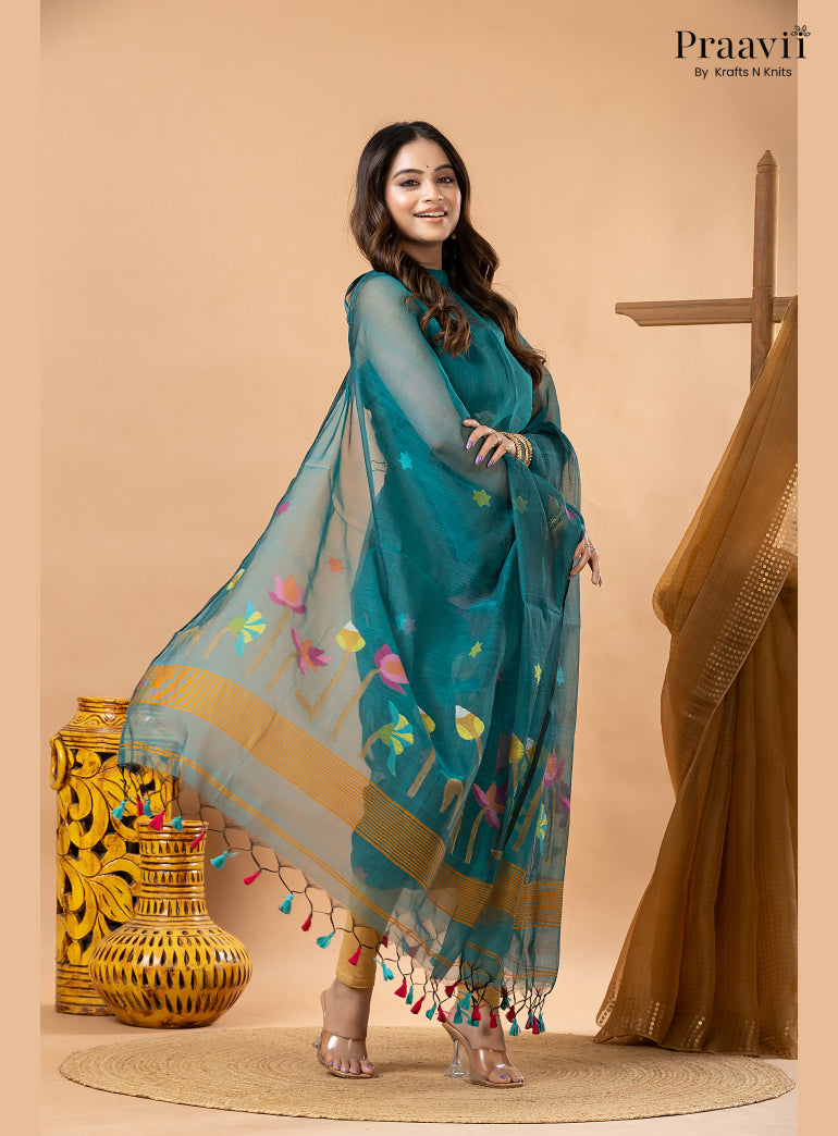 Rama Green Muslin Lotus Handwoven Jamdani 2-Piece Suit Set