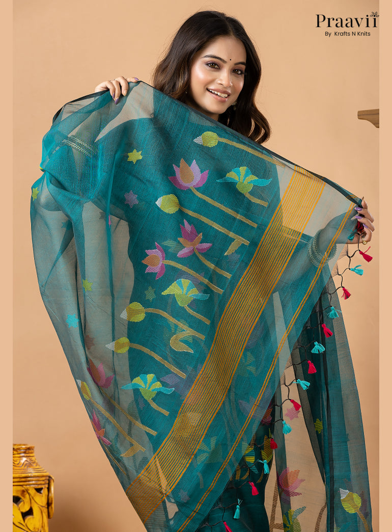 Rama Green Muslin Lotus Handwoven Jamdani 2-Piece Suit Set