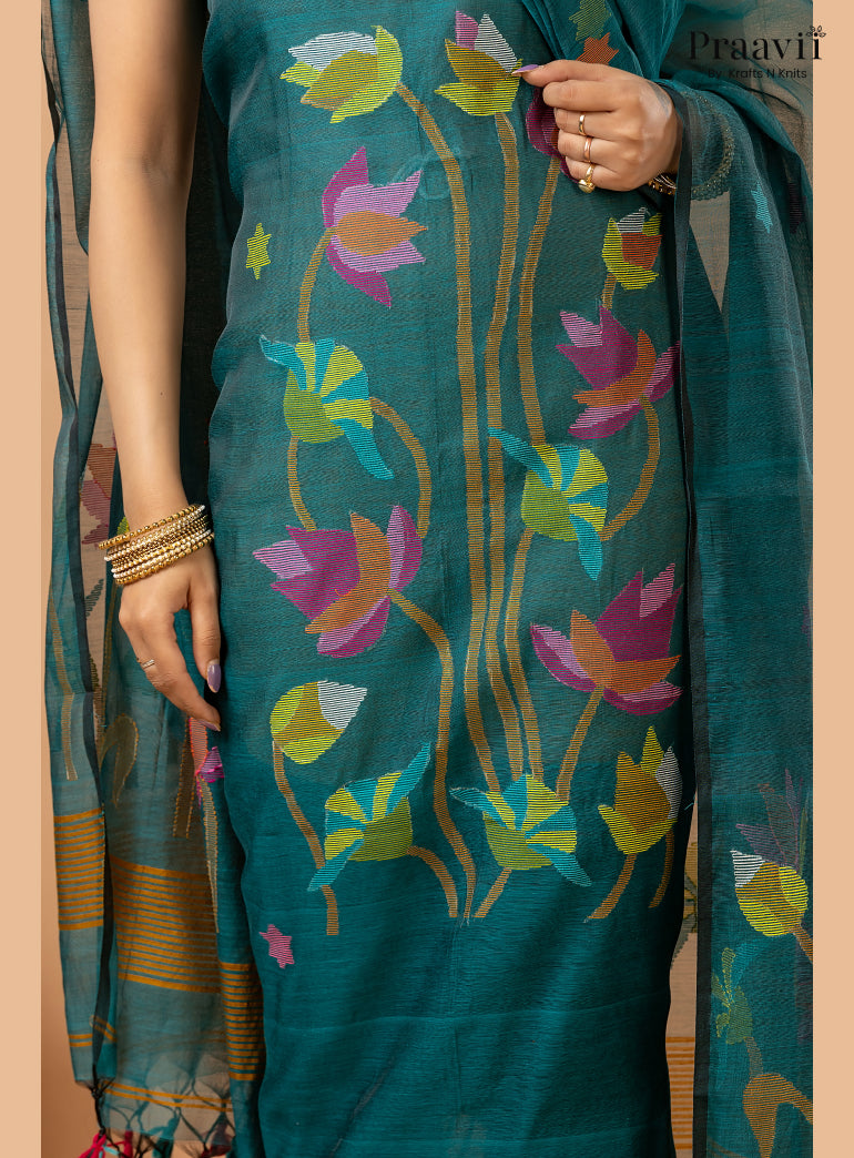 Rama Green Muslin Lotus Handwoven Jamdani 2-Piece Suit Set