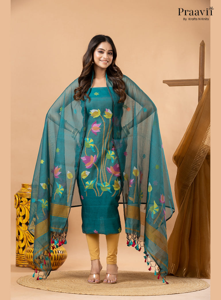 Rama Green Muslin Lotus Handwoven Jamdani 2-Piece Suit Set