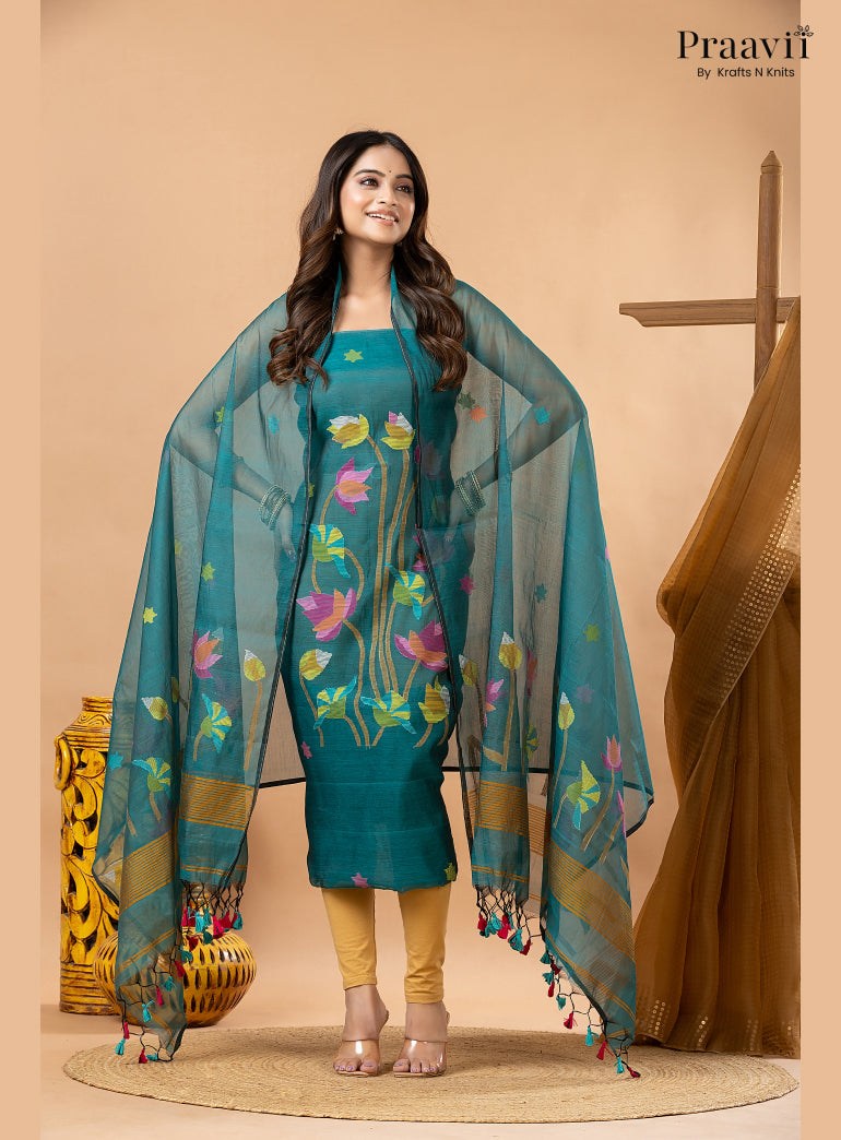 Rama Green Muslin Lotus Handwoven Jamdani 2-Piece Suit Set