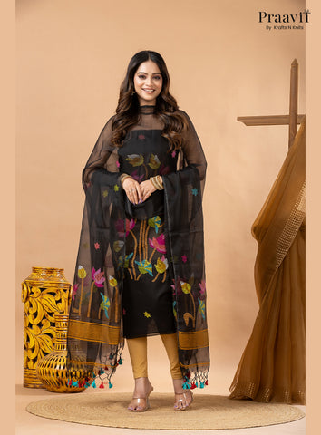 Ebony Black Muslin Lotus Handwoven Jamdani 2-Piece Suit Set