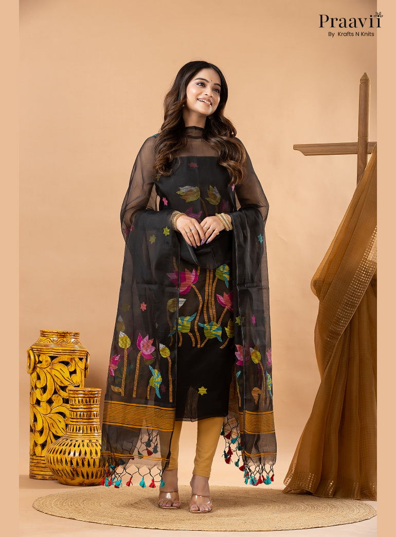 Ebony Black Muslin Lotus Handwoven Jamdani 2-Piece Suit Set