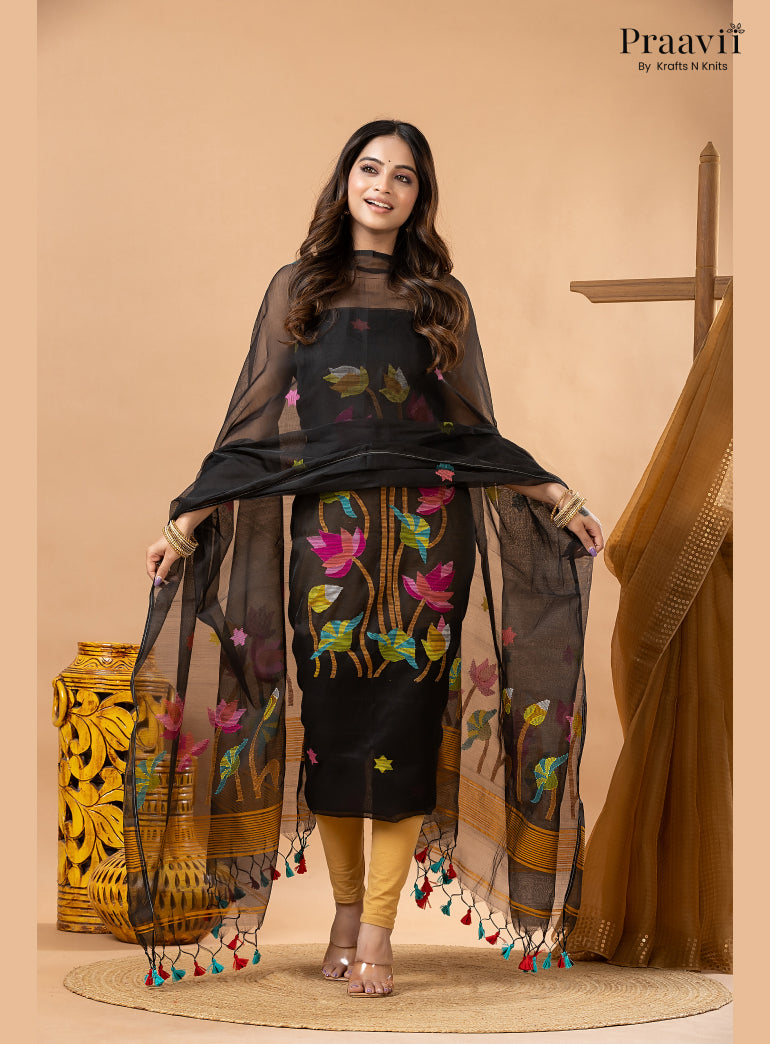 Ebony Black Muslin Lotus Handwoven Jamdani 2-Piece Suit Set