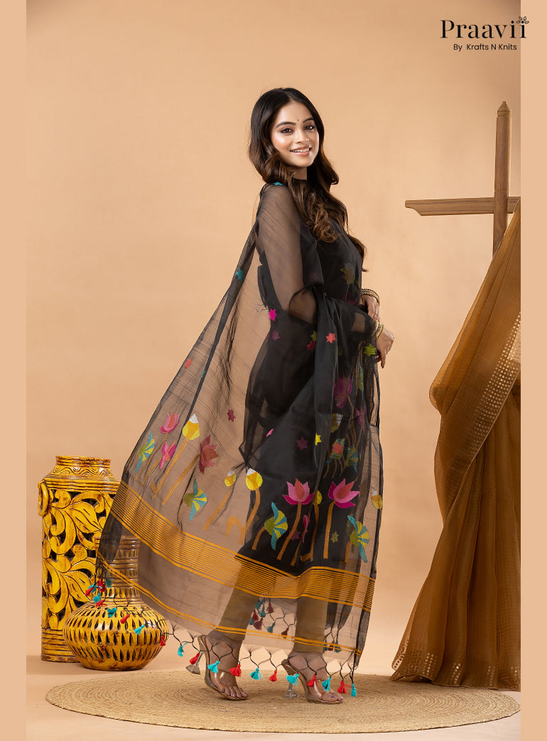 Ebony Black Muslin Lotus Handwoven Jamdani 2-Piece Suit Set