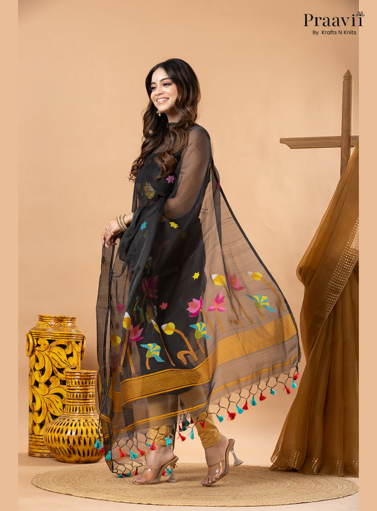 Ebony Black Muslin Lotus Handwoven Jamdani 2-Piece Suit Set