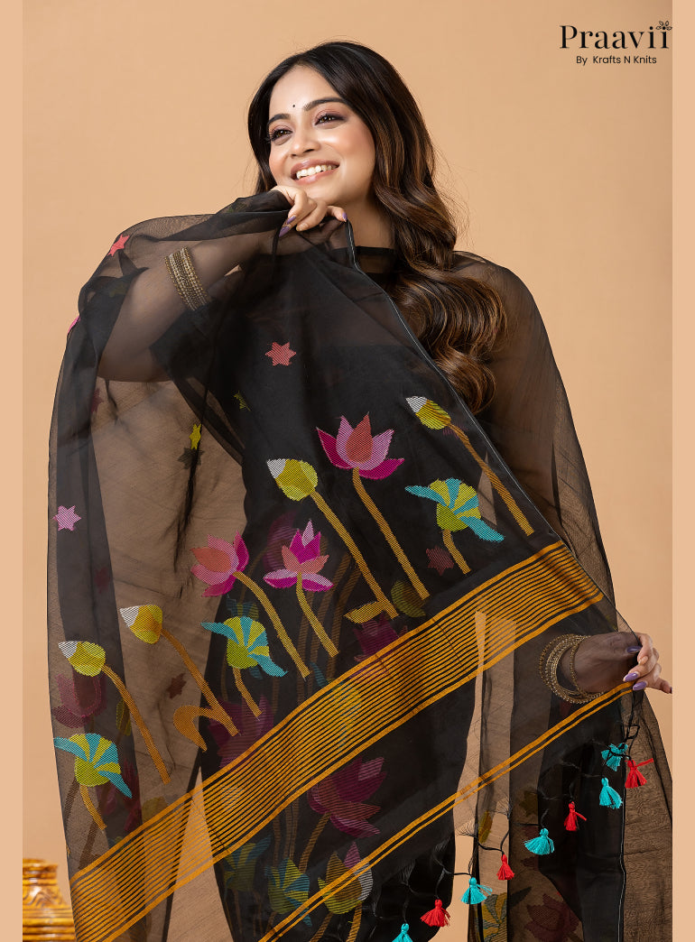 Ebony Black Muslin Lotus Handwoven Jamdani 2-Piece Suit Set