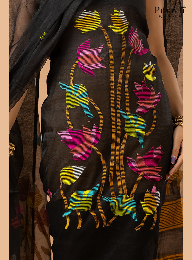 Ebony Black Muslin Lotus Handwoven Jamdani 2-Piece Suit Set