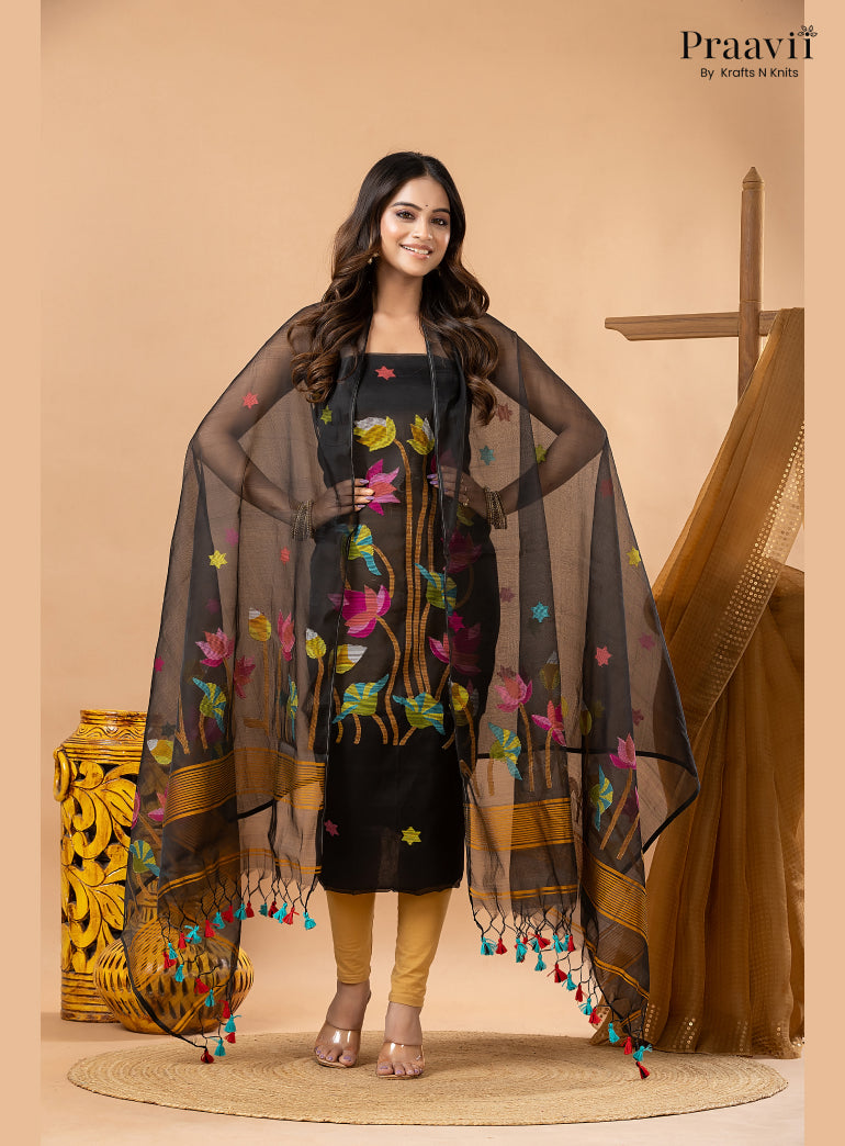 Ebony Black Muslin Lotus Handwoven Jamdani 2-Piece Suit Set