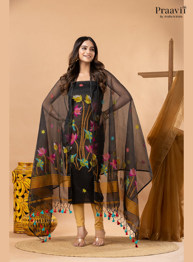 Ebony Black Muslin Lotus Handwoven Jamdani 2-Piece Suit Set