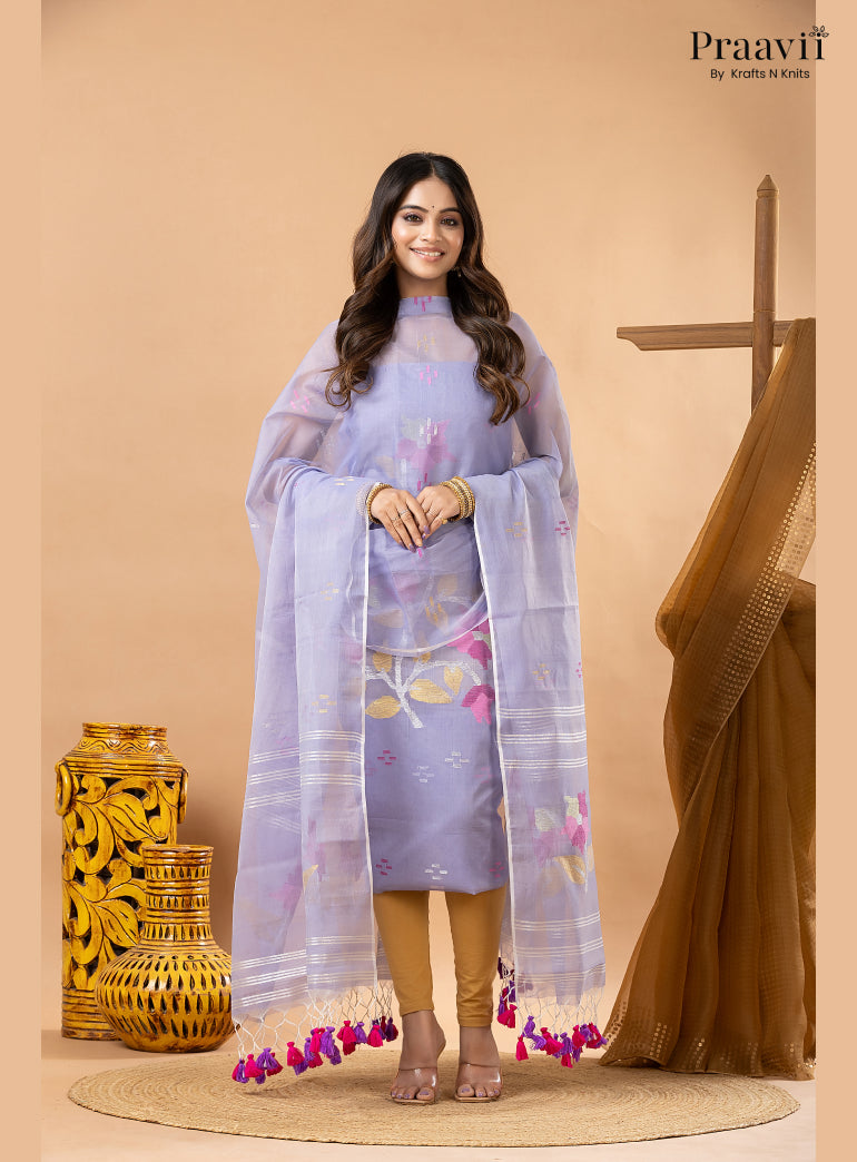 Periwinkle Lavender Muslin Handwoven Jamdani 2-Piece Suit Set