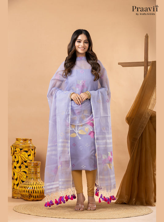 Periwinkle Lavender Muslin Handwoven Jamdani 2-Piece Suit Set