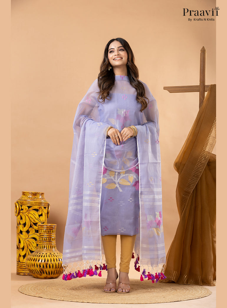 Periwinkle Lavender Muslin Handwoven Jamdani 2-Piece Suit Set