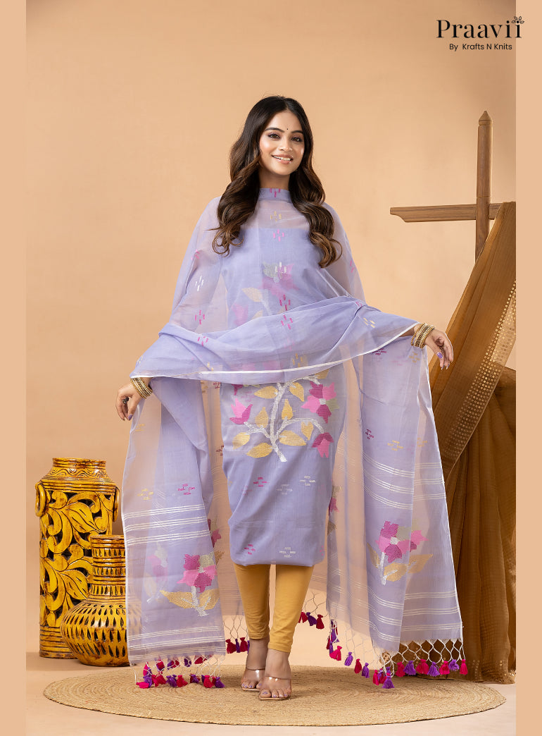 Periwinkle Lavender Muslin Handwoven Jamdani 2-Piece Suit Set