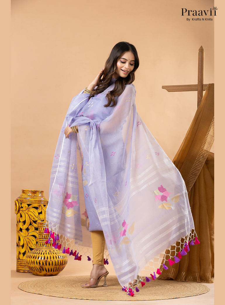 Periwinkle Lavender Muslin Handwoven Jamdani 2-Piece Suit Set
