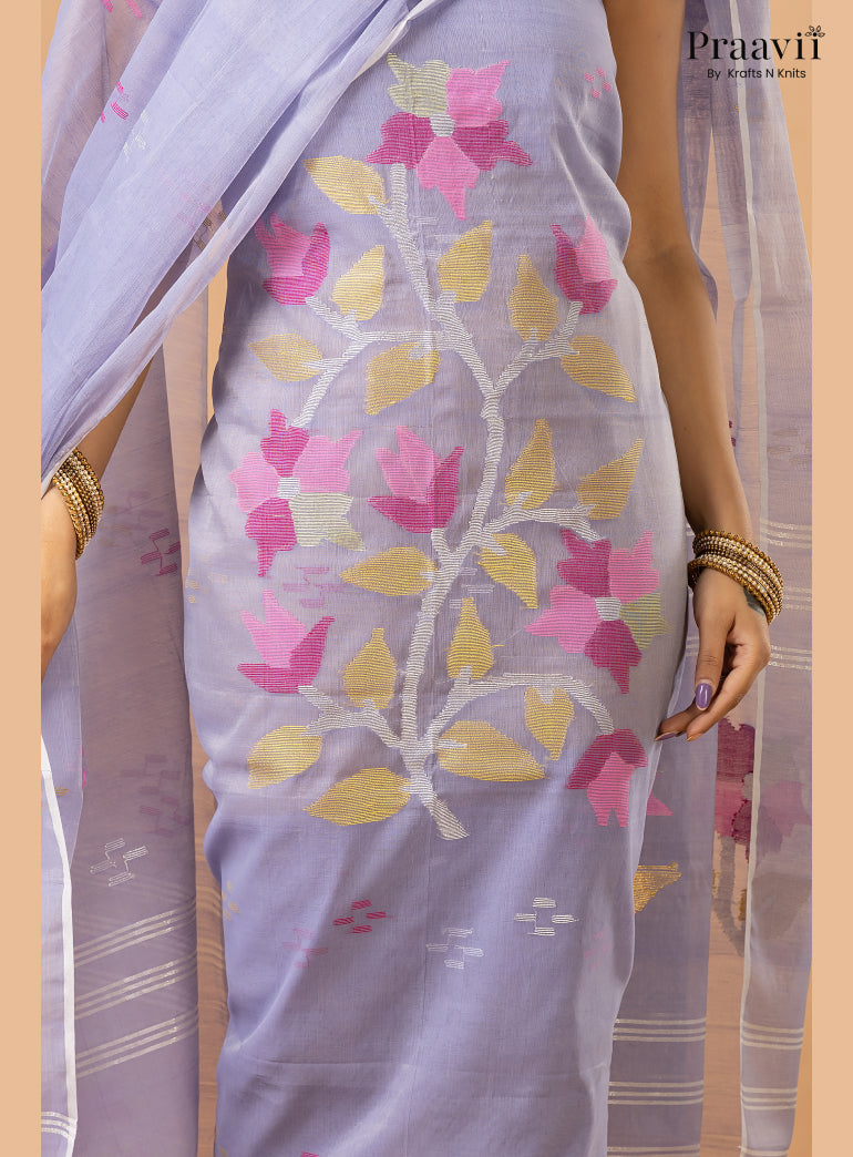Periwinkle Lavender Muslin Handwoven Jamdani 2-Piece Suit Set