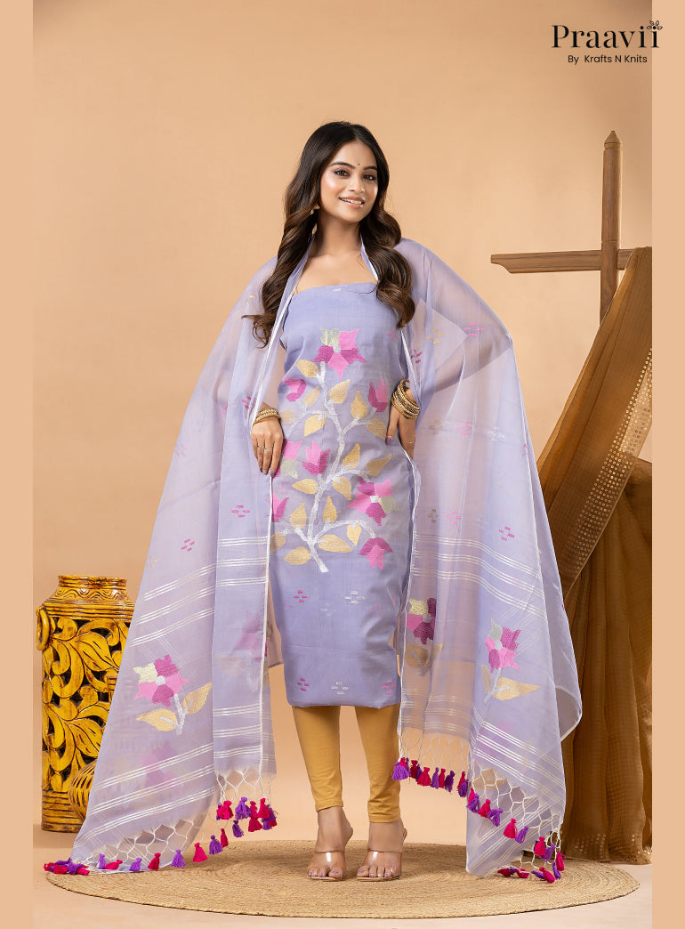 Periwinkle Lavender Muslin Handwoven Jamdani 2-Piece Suit Set