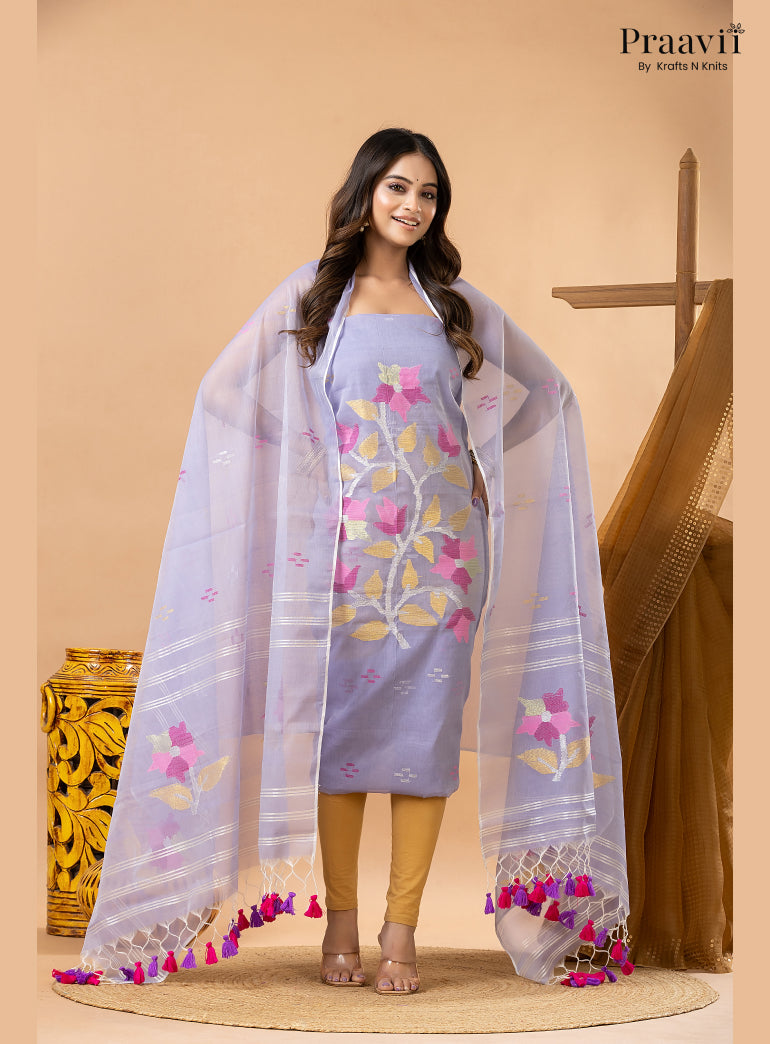Periwinkle Lavender Muslin Handwoven Jamdani 2-Piece Suit Set