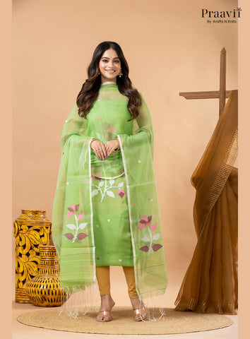 Inchworm Green Muslin Handwoven Jamdani 2-Piece Suit Set