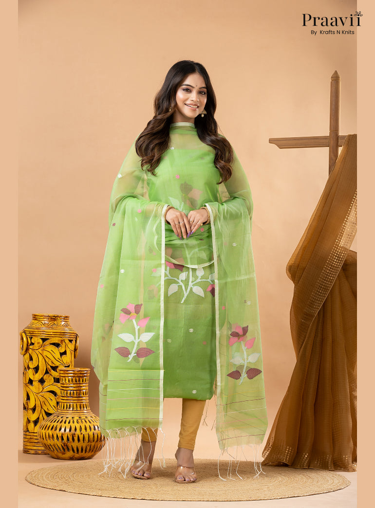 Inchworm Green Muslin Handwoven Jamdani 2-Piece Suit Set