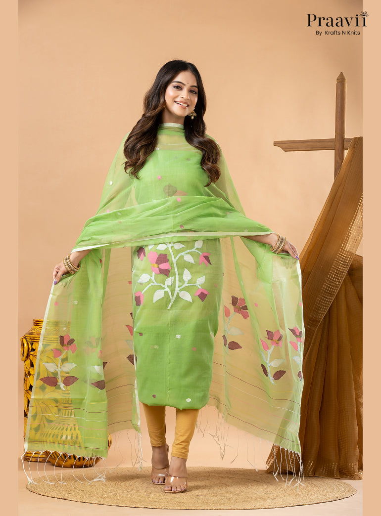 Inchworm Green Muslin Handwoven Jamdani 2-Piece Suit Set