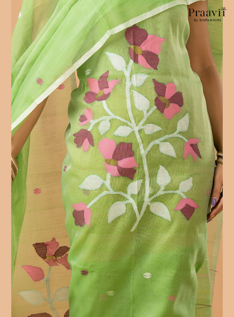 Inchworm Green Muslin Handwoven Jamdani 2-Piece Suit Set