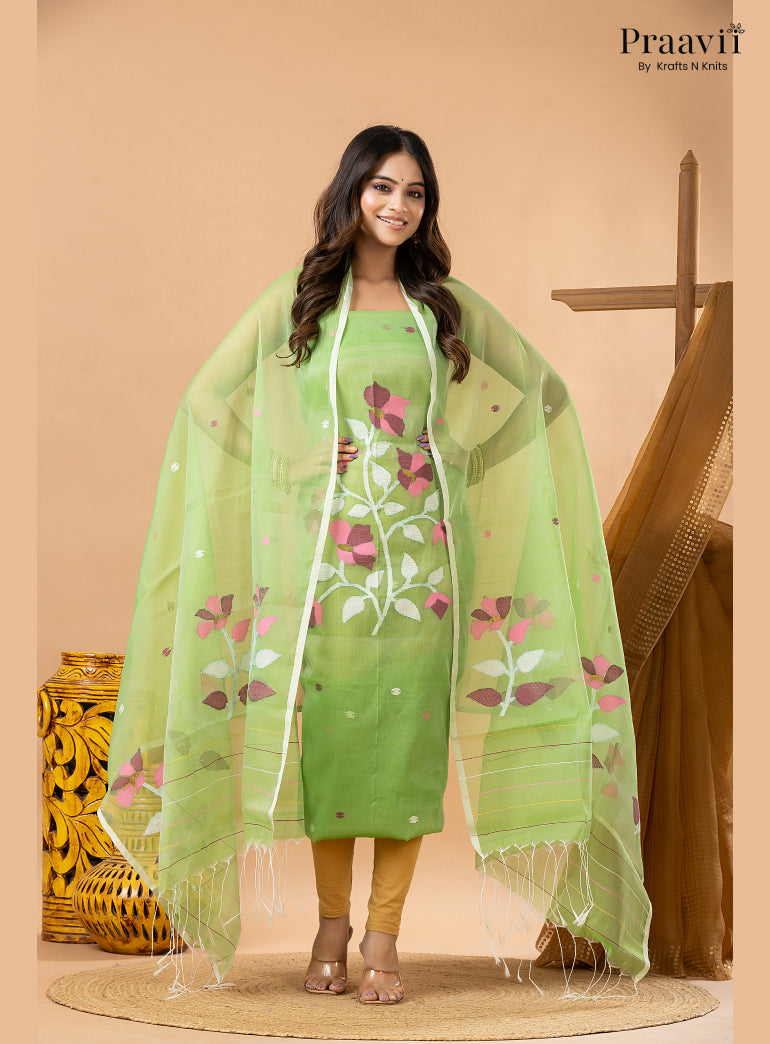 Inchworm Green Muslin Handwoven Jamdani 2-Piece Suit Set