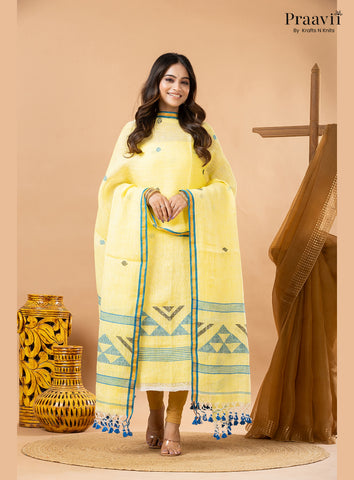 Lemon Yellow Linen Handwoven Jamdani 2-Piece Suit Set
