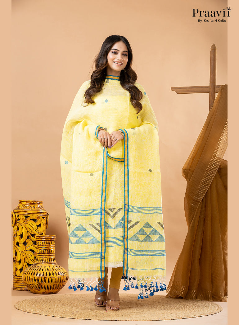 Lemon Yellow Linen Handwoven Jamdani 2-Piece Suit Set