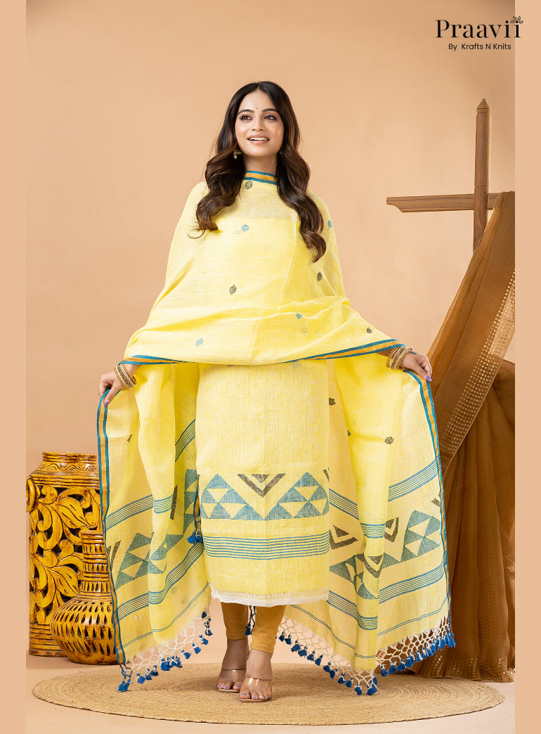 Lemon Yellow Linen Handwoven Jamdani 2-Piece Suit Set