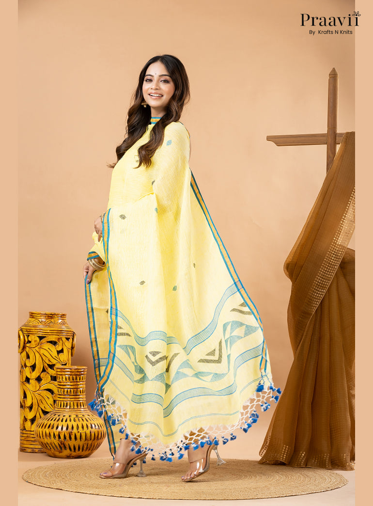 Lemon Yellow Linen Handwoven Jamdani 2-Piece Suit Set
