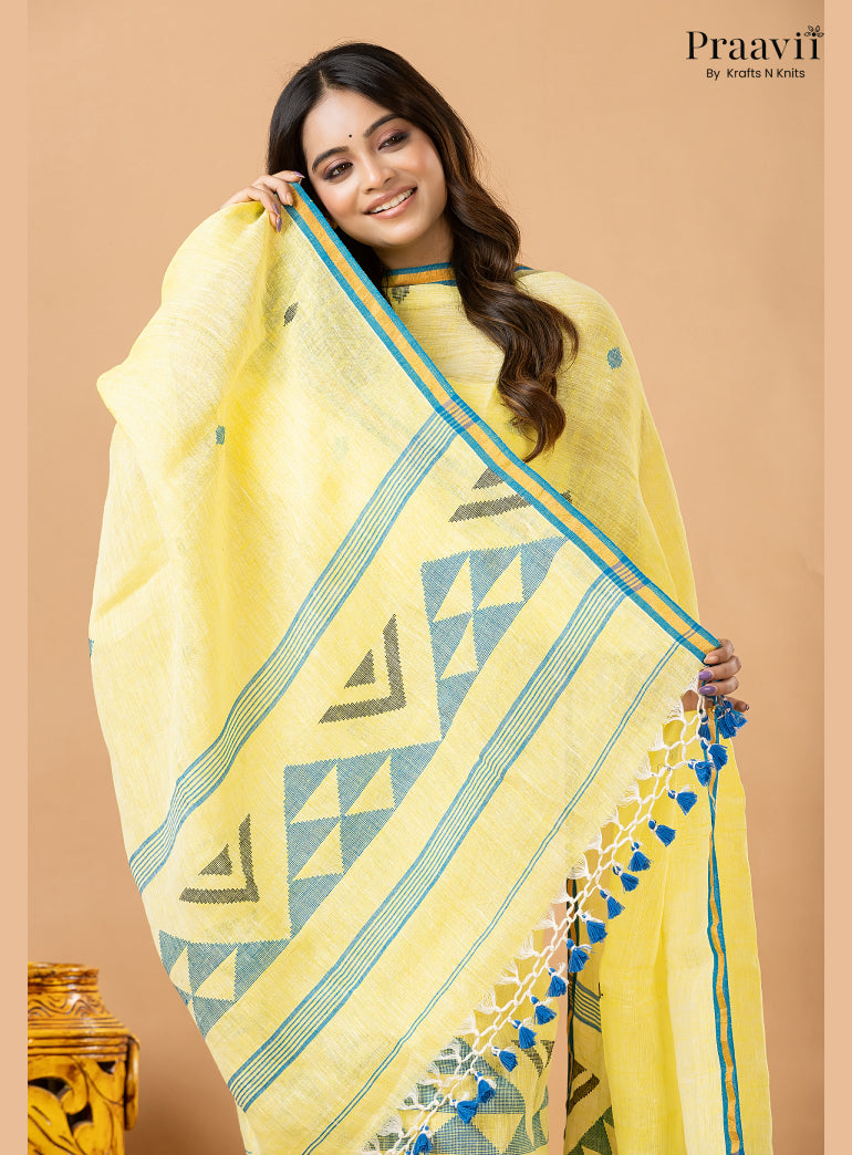 Lemon Yellow Linen Handwoven Jamdani 2-Piece Suit Set