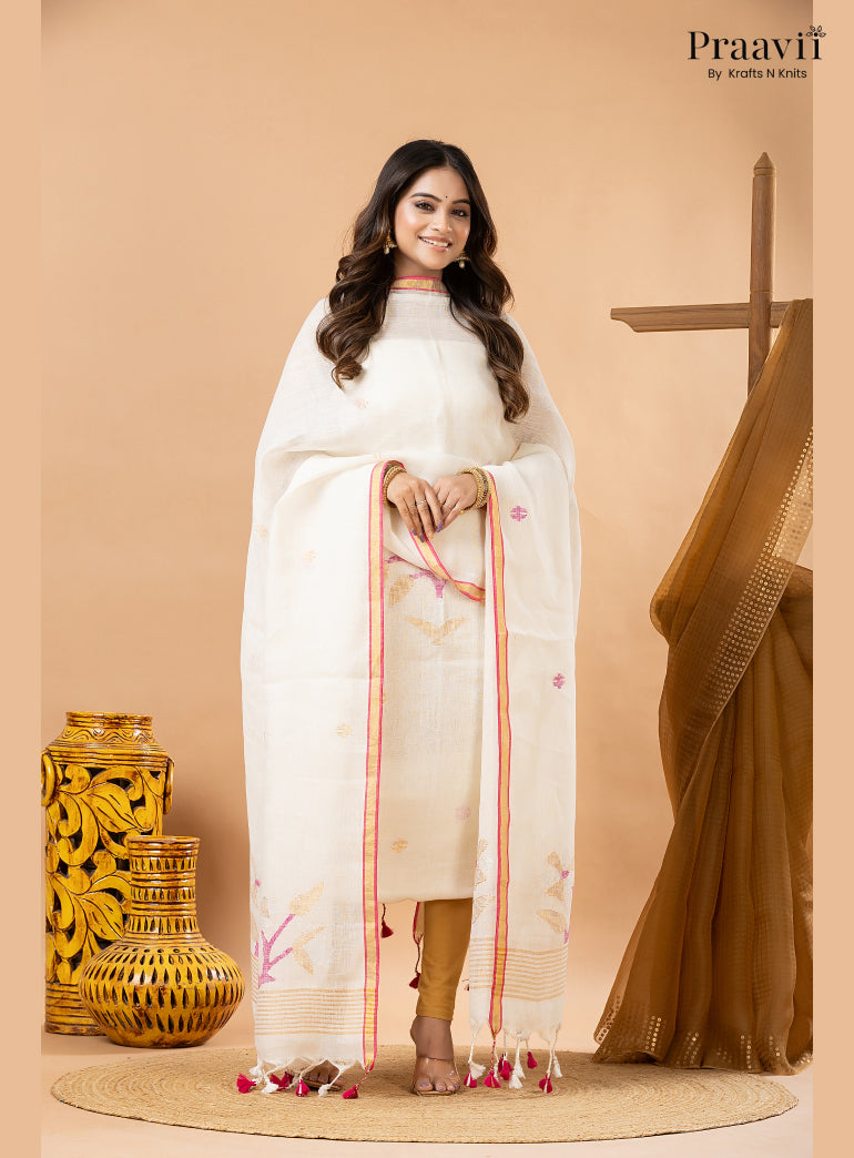 Off White Linen Handwoven Jamdani 2-Piece Suit Set