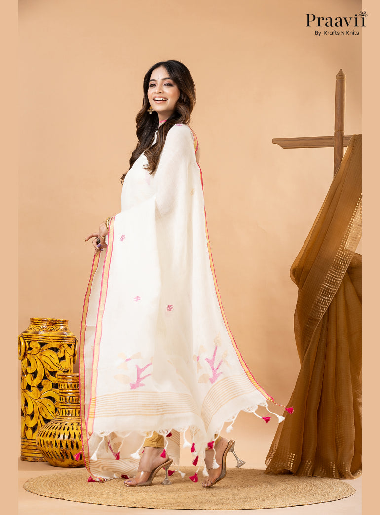 Off White Linen Handwoven Jamdani 2-Piece Suit Set