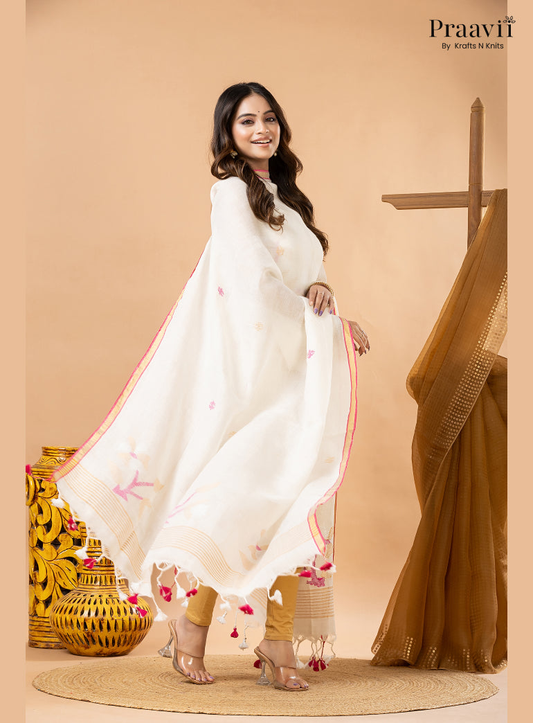 Off White Linen Handwoven Jamdani 2-Piece Suit Set