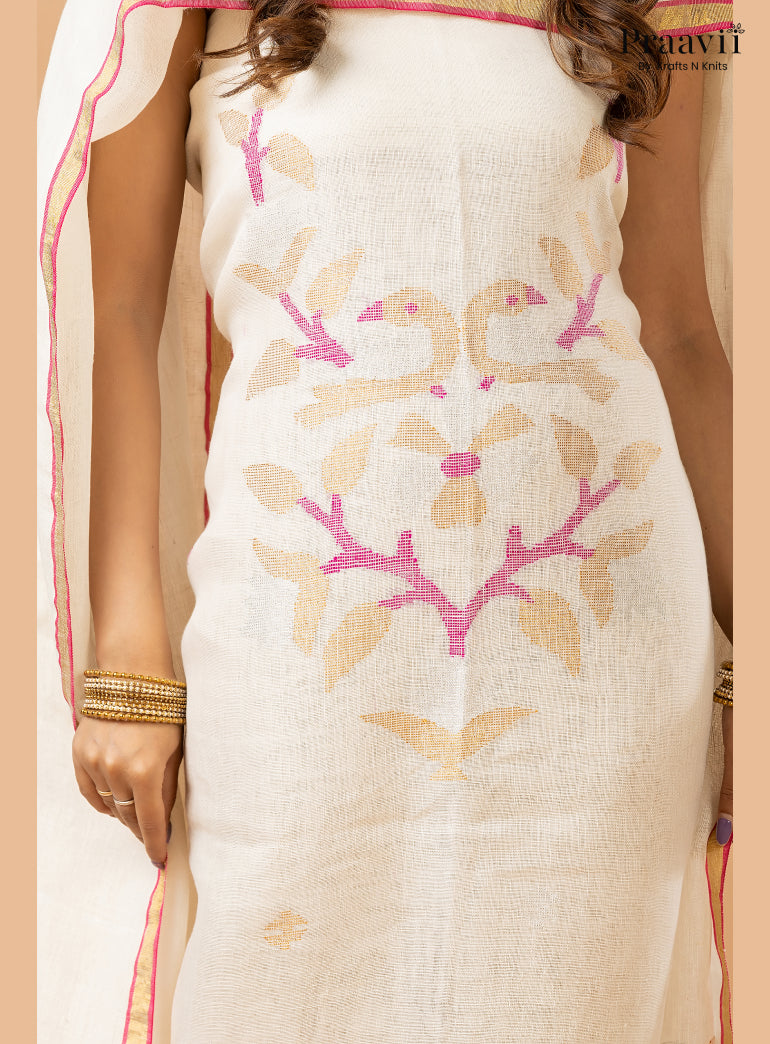 Off White Linen Handwoven Jamdani 2-Piece Suit Set