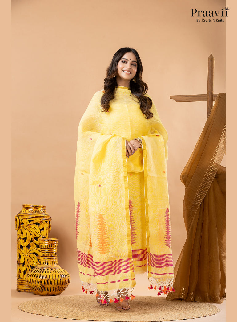 Chrome Yellow Linen Handwoven Jamdani 2-Piece Suit Set