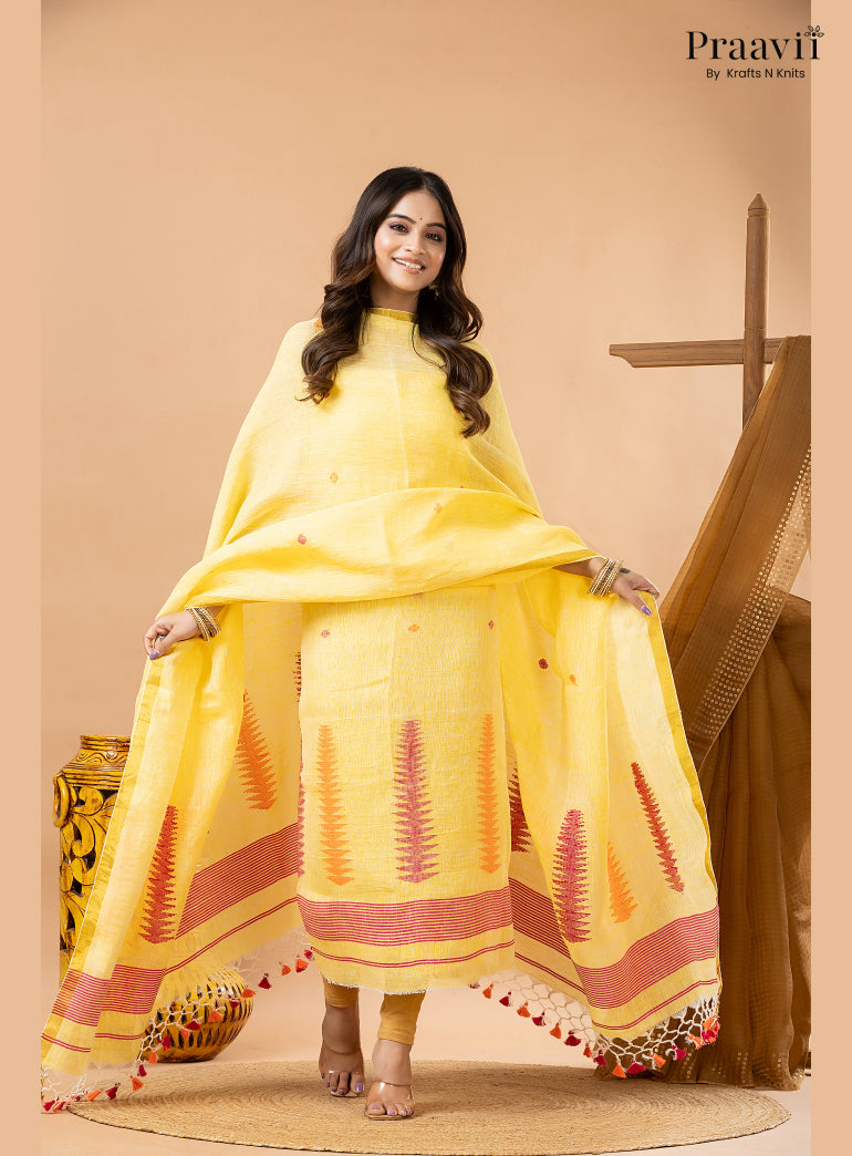 Chrome Yellow Linen Handwoven Jamdani 2-Piece Suit Set