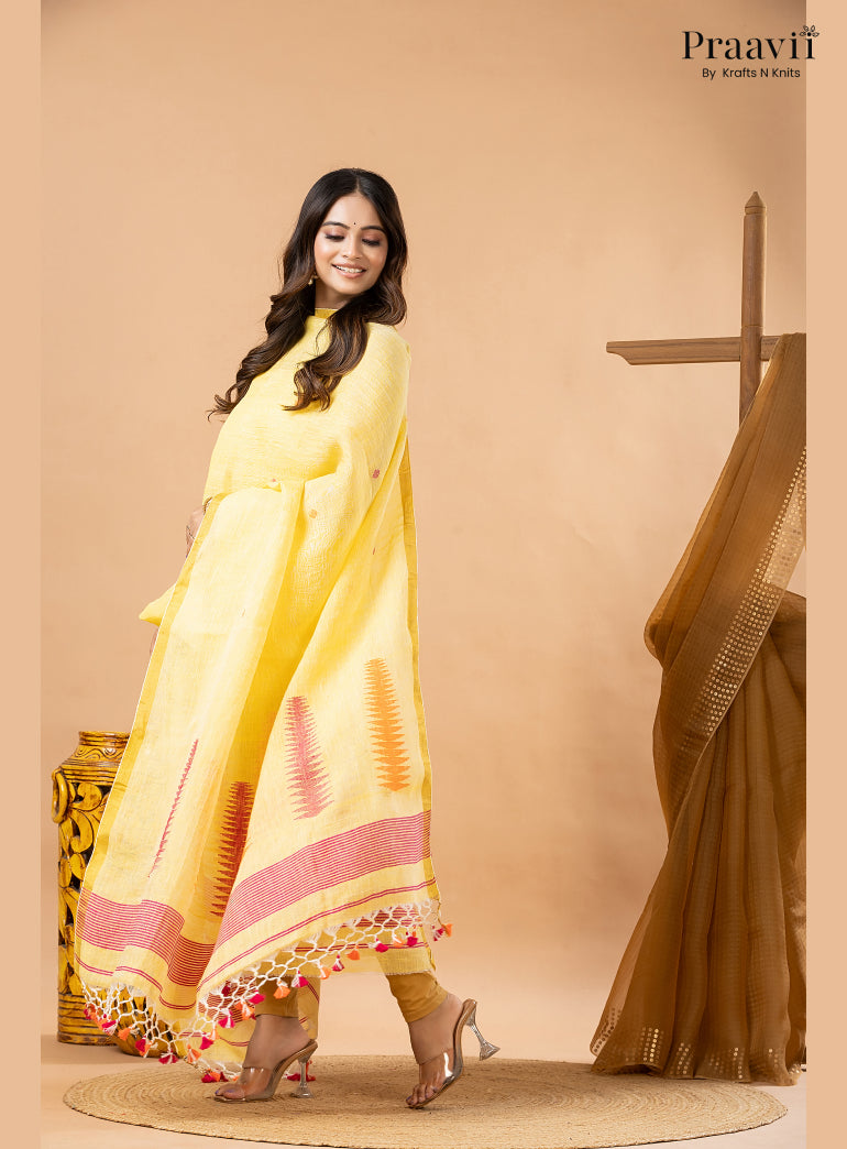 Chrome Yellow Linen Handwoven Jamdani 2-Piece Suit Set