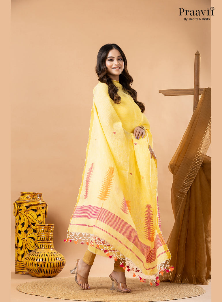 Chrome Yellow Linen Handwoven Jamdani 2-Piece Suit Set