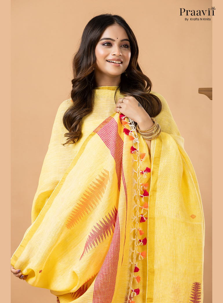 Chrome Yellow Linen Handwoven Jamdani 2-Piece Suit Set