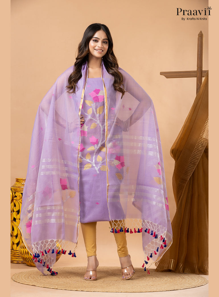 Lilac Lavender Muslin Handwoven Jamdani 2-Piece Suit Set