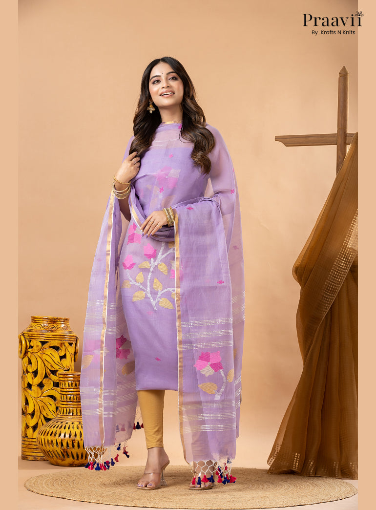 Lilac Lavender Muslin Handwoven Jamdani 2-Piece Suit Set