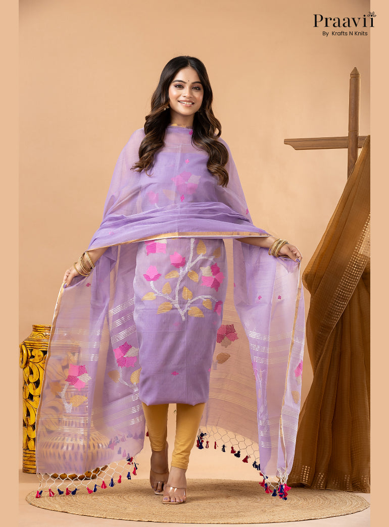Lilac Lavender Muslin Handwoven Jamdani 2-Piece Suit Set