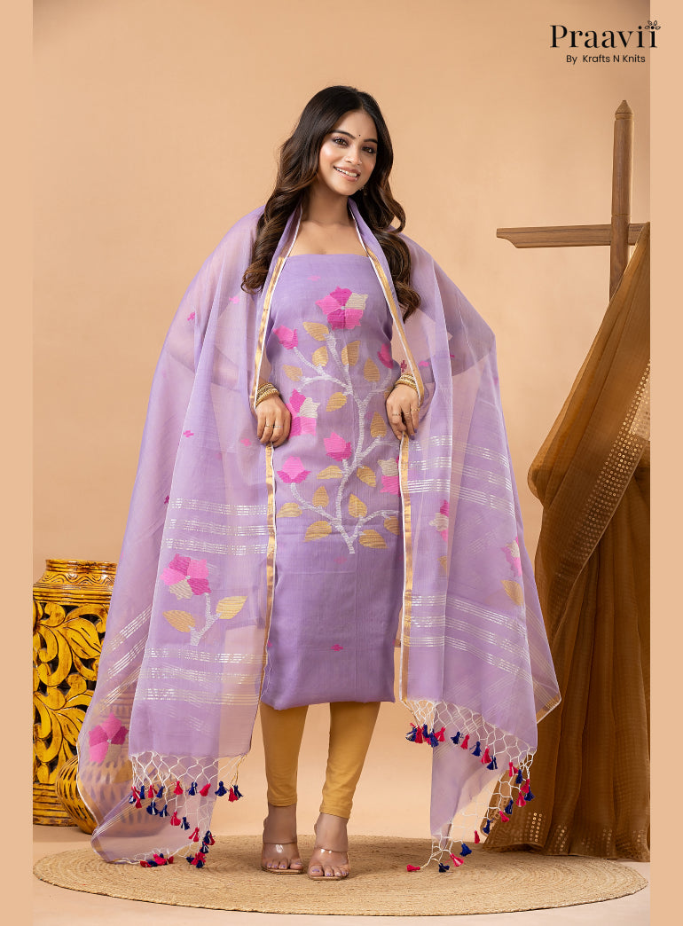 Lilac Lavender Muslin Handwoven Jamdani 2-Piece Suit Set