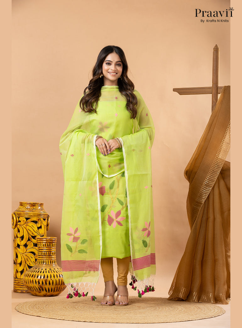 Grass Green Muslin Handwoven Jamdani 2-Piece Suit Set
