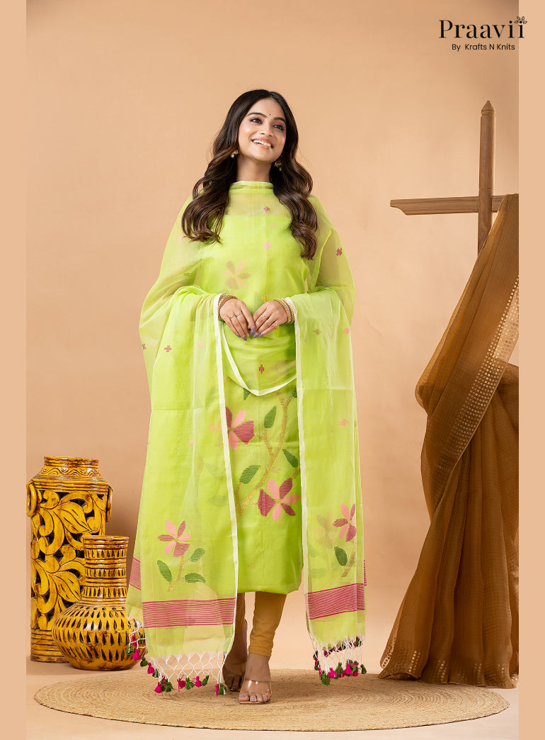 Grass Green Muslin Handwoven Jamdani 2-Piece Suit Set