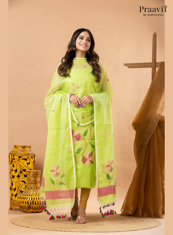 Grass Green Muslin Handwoven Jamdani 2-Piece Suit Set