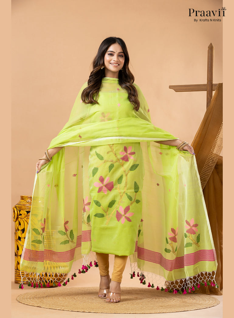 Grass Green Muslin Handwoven Jamdani 2-Piece Suit Set