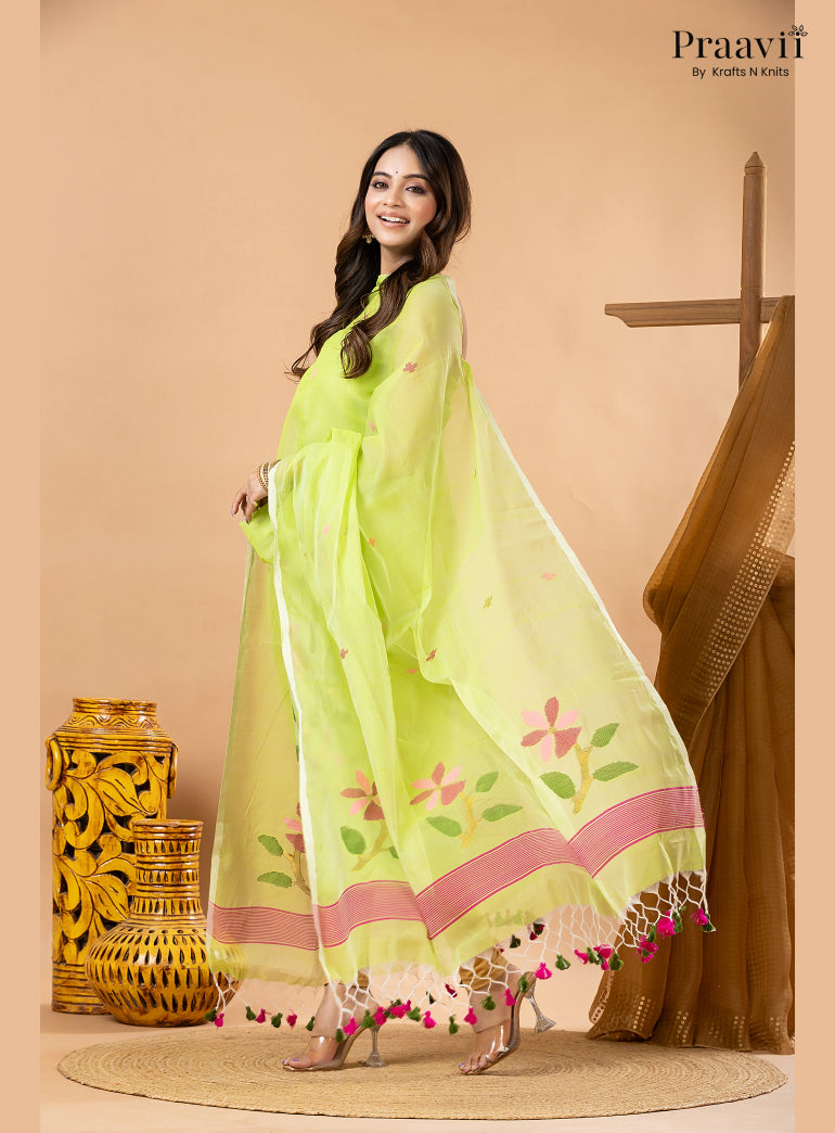 Grass Green Muslin Handwoven Jamdani 2-Piece Suit Set